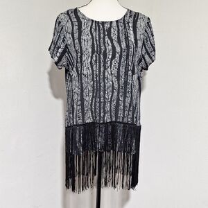 Cato Black and White Fringe Short Sleeve Tunic Size Medium